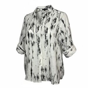 Boho‎ Chic Linen Abstract Print Button Down Shirt Black White Women Size Medium